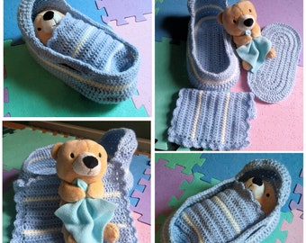 Crochet Moses Basket in Baby Blue and Cream with Soft Teddy Bear Inside. Childs Toy. A lovely gift for children of all ages