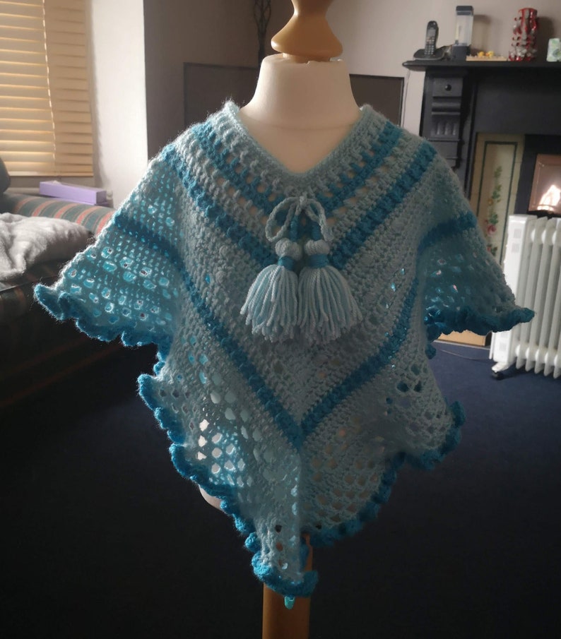 Kids Poncho in Turquoise Tones has wide curly hem and tassel ties for age 2 to 5 years, unique attractive gift for a child image 2