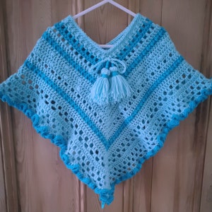 Kids Poncho in Turquoise Tones has wide curly hem and tassel ties for age 2 to 5 years, unique attractive gift for a child image 4