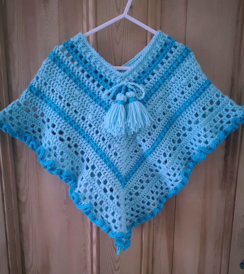 Kids Poncho in Turquoise Tones has wide curly hem and tassel ties for age 2 to 5 years, unique attractive gift for a child image 4