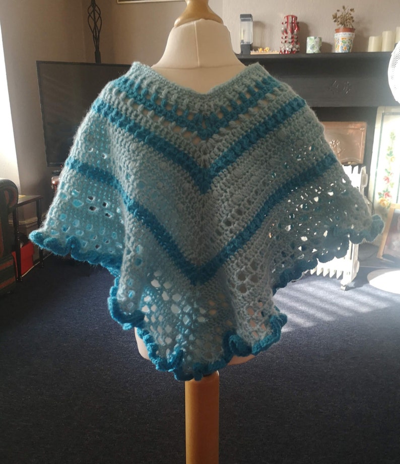 Kids Poncho in Turquoise Tones has wide curly hem and tassel ties for age 2 to 5 years, unique attractive gift for a child image 3