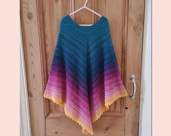 Childs Lightweight Poncho Size 8 to 12 years in Unique Shades 0f Teal, Pink, and Sunshine with Picot Hem. Ideal for Spring to Autumn wear.