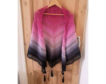 Beautiful lacy shawl in tones of deep pink to liquorice, large triangular wrap with beaded tassels, lightweight and comfy to wear all year.