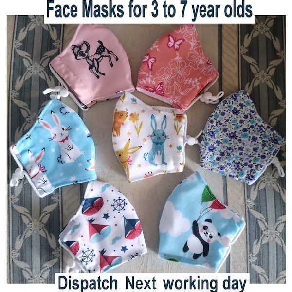 Kids Face Masks, 3 to 7 years, Washable, 3 Layers, Filter Pocket, Cotton Face Masks for small children, free next day UK shipping