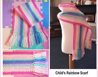 Bonita bufanda infantil arcoiris en colores de unicornio con borlas, bufanda de crochet para niño de 3 a 7 años, un regalo atractivo, divertido y útil