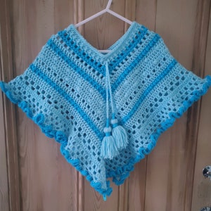 Kids Poncho in Turquoise Tones has wide curly hem and tassel ties for age 2 to 5 years, unique attractive gift for a child image 6