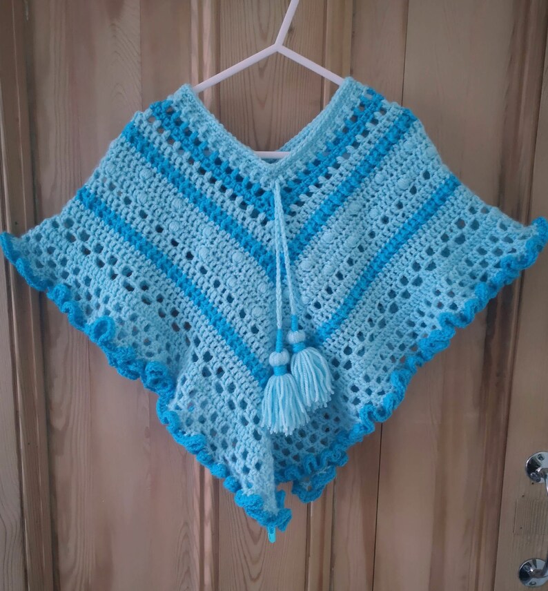 Kids Poncho in Turquoise Tones has wide curly hem and tassel ties for age 2 to 5 years, unique attractive gift for a child image 6