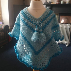 Kids Poncho in Turquoise Tones has wide curly hem and tassel ties for age 2 to 5 years, unique attractive gift for a child image 8