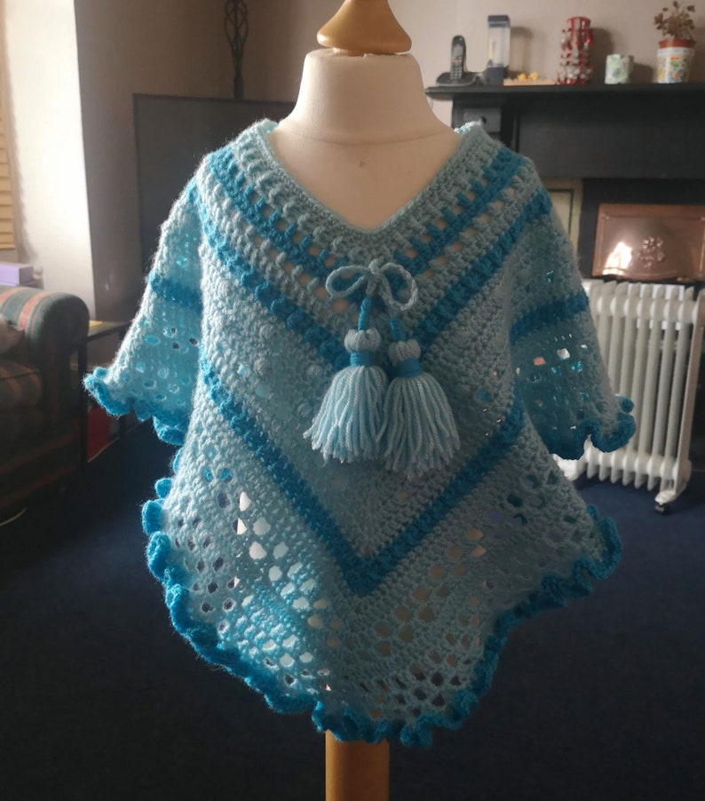 Kids Poncho in Turquoise Tones has wide curly hem and tassel ties for age 2 to 5 years, unique attractive gift for a child image 8