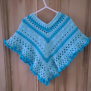 Kids Poncho in Turquoise Tones has wide curly hem and tassel ties for age 2 to 5 years, unique attractive gift for a child image 5