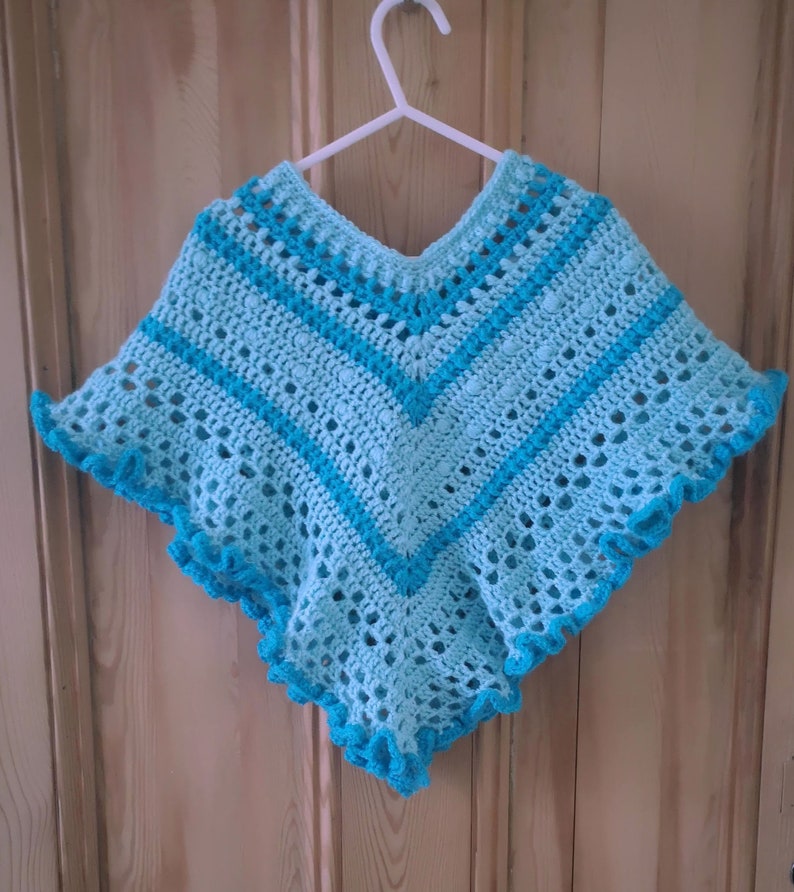 Kids Poncho in Turquoise Tones has wide curly hem and tassel ties for age 2 to 5 years, unique attractive gift for a child image 5