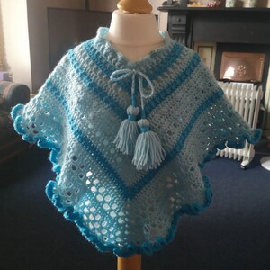 Kids Poncho in Turquoise Tones has wide curly hem and tassel ties for age 2 to 5 years, unique attractive gift for a child image 7