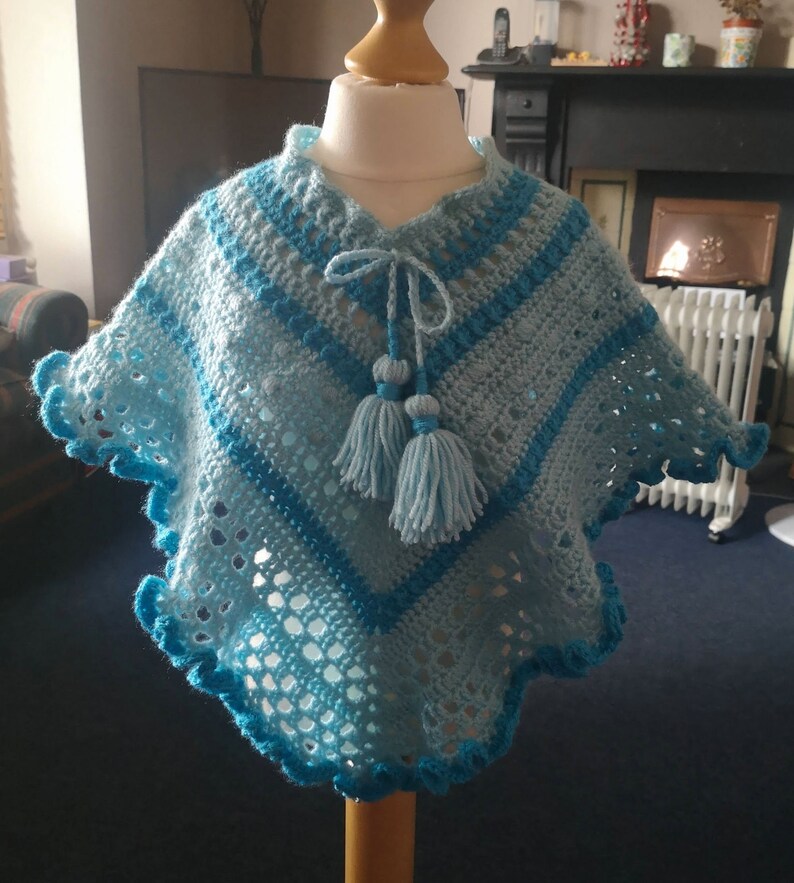 Kids Poncho in Turquoise Tones has wide curly hem and tassel ties for age 2 to 5 years, unique attractive gift for a child image 7