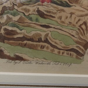 May include: A vintage illustration of a geological formation, likely a rock formation, with a layered, striated appearance. The illustration is in shades of brown, green, and white, with a red accent at the top. The text below the illustration reads "Pub by J. Curtis Walworth Feb 1. 1814" and "F. Sansom sc."