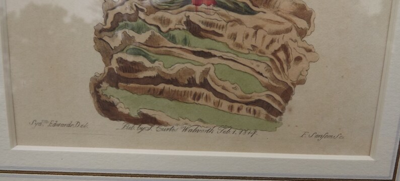 May include: A vintage illustration of a geological formation, likely a rock formation, with a layered, striated appearance. The illustration is in shades of brown, green, and white, with a red accent at the top. The text below the illustration reads "Pub by J. Curtis Walworth Feb 1. 1814" and "F. Sansom sc."