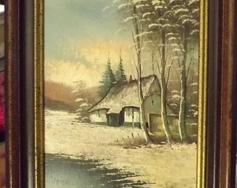 Mid-Century Original Oil Painting "Thatched Cottage After the First Winter Snow" Signed