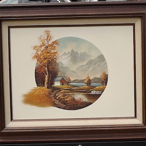 Vintage Original Oil Painting, &quot;Farmstead by the Lake--Early Autumn,&quot; by T. Travis, circa 1985