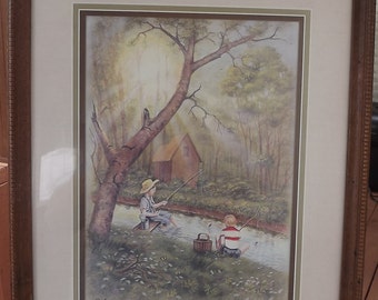 Vintage Offset Lithograph Untitled "Fishin' and Wishin'" by R. Adair