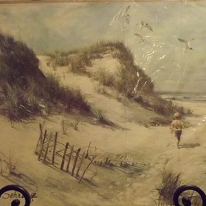 May include: A painting of a child walking on a sandy beach with a wooden fence and seagulls flying overhead. The painting is in a rustic style with muted colors.