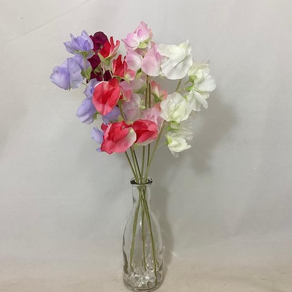 Ramo de guisantes de olor de seda artificial en colores rosa, marfil y lila con tallos individuales alambrados, arreglo decorativo para el hogar, ramo de boda de 38 cm
