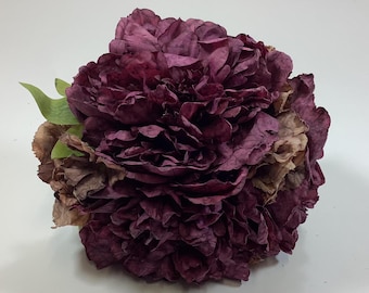 7 x Vintage Aubergine Dried Look Silk Peony Flowers, tied Bunch, Small Bouquet, silk peony, artificial, faux home decor Arrangement, 29cm