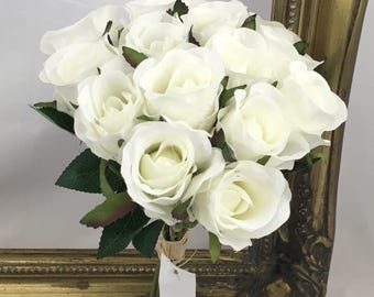 15 Ivory RoseBuds 4cm Bunch Artificial Silk Small Wedding Bouquet faux home decor Arrangement individual wired stems 23cm Buttonhole