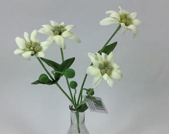 White Edelweiss flowering sprays x 4 flowers per stem, silk artificial faux home decor Arrangement, Wedding Bouquet 34cm