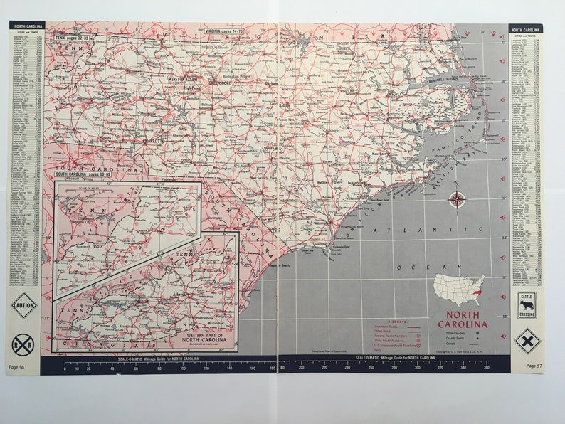 1960s North Carolina State Map Vintage Atlas