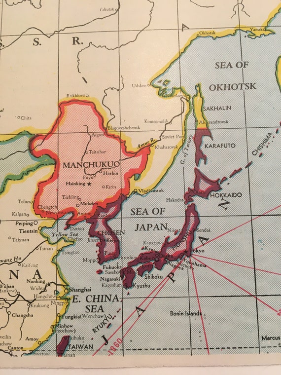 1940's WWII Pacific Theater- Far East Battle Area Map