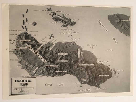 1940's WWII Guadalcanal Island Map- Pacific Theater- Vintage Atlas