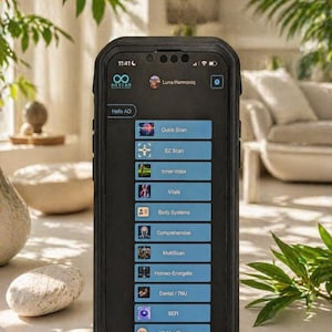 May include: A black smartphone in a protective case shows the "AO SCAN" app interface. The screen displays scan options such as "Quick Scan," "EZ Scan," and "Vitals." The time displayed is 11:41.