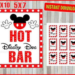 Printable Mickey Mouse Hot Diggity Dog Bar Sign and Condiment Labels, Party Sign, 5x7 and 8x10 INSTANT DOWNLOAD