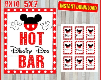 Printable Mickey Mouse Hot Diggity Dog Bar Sign and Condiment Labels, Party Sign, 5x7 and 8x10 INSTANT DOWNLOAD