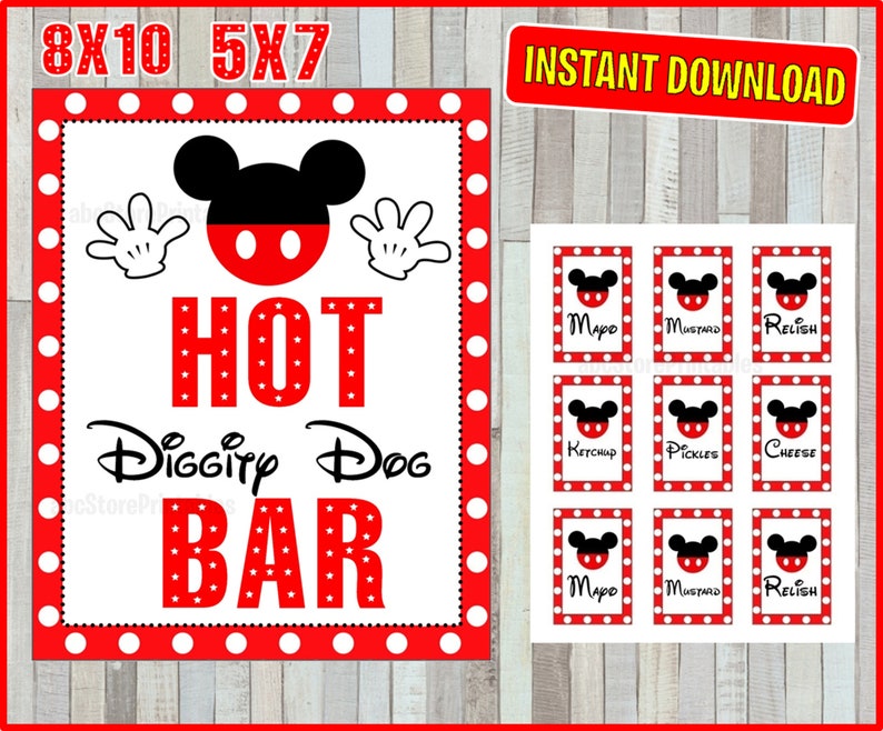 Printable Mickey Mouse Hot Diggity Dog Bar Sign and Condiment Etsy