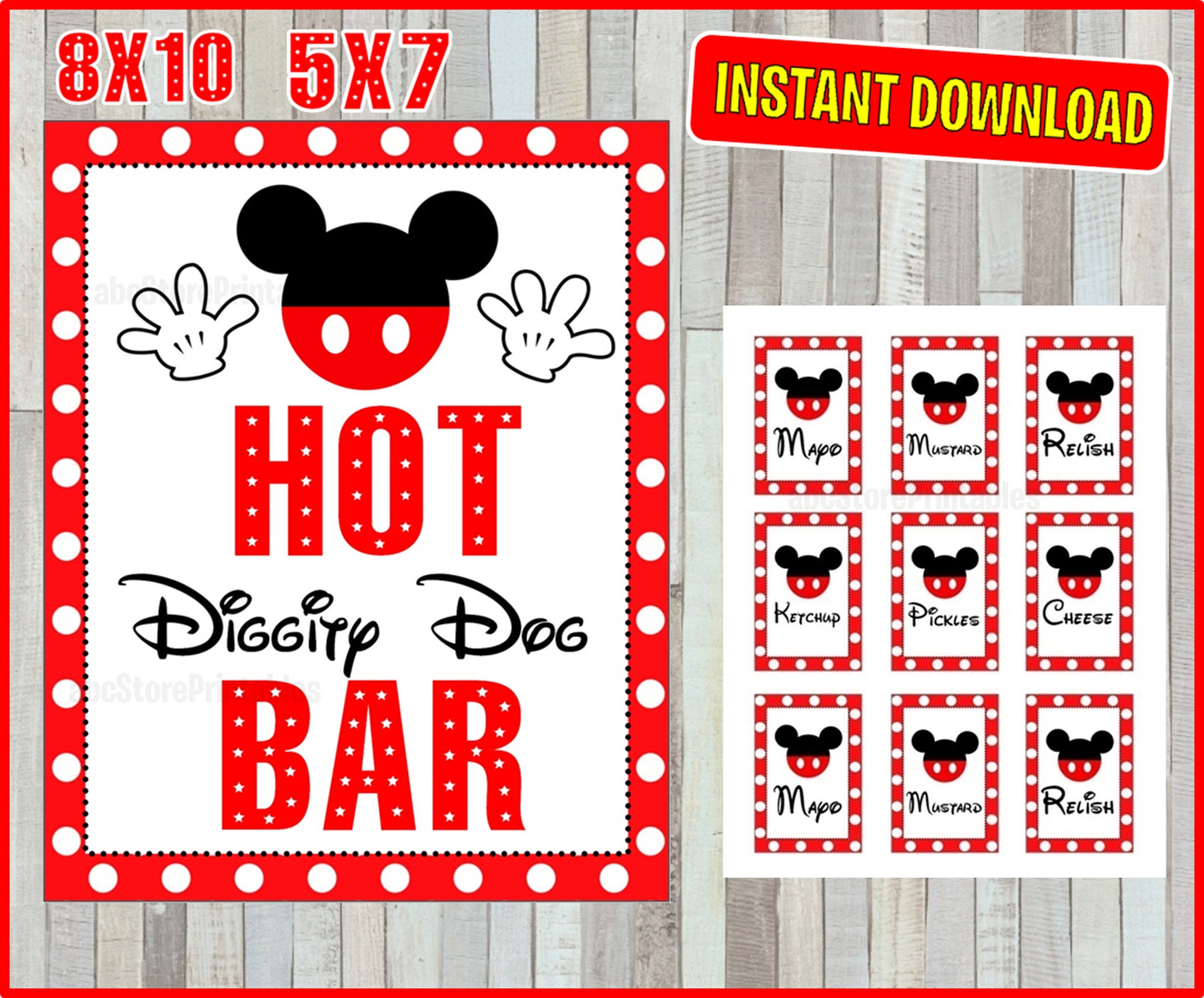 Printable Mickey Mouse Hot Diggity Dog Bar Sign And Condiment Etsy