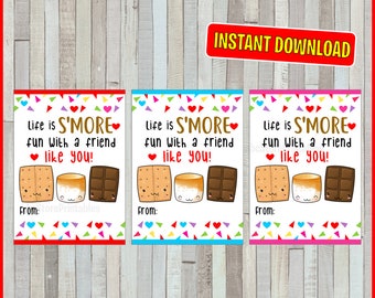 Smores Valentine Valentine's Cards, Valentine Cards for Kids Valentines S'mores Printable Valentine's Kids Treat Tags INSTANT DOWNLOAD