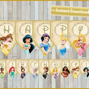 Princess birthday banner, Princess happy birthday banner printable, Princess Party Banner, instant download