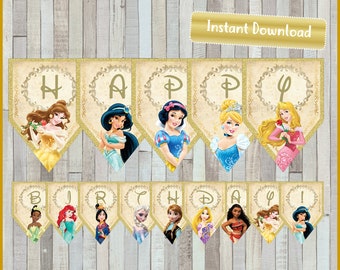 Princess birthday banner, Princess happy birthday banner printable, Princess Party Banner, instant download