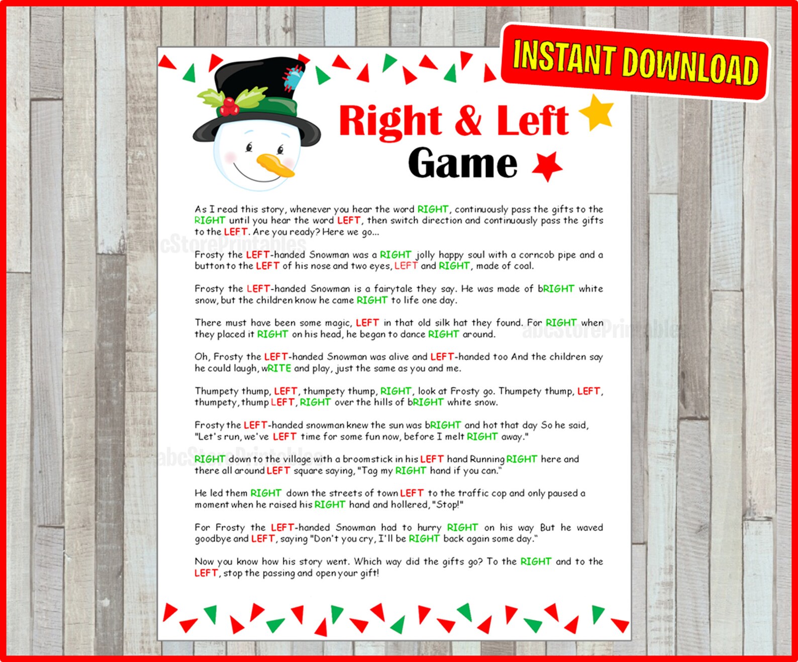 Right And Left Frosty The Snowman Game White Elephant Game Etsy