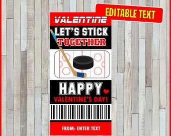 Hockey Ticket Valentine's Day Cards, Let's Stick Together Valentines Exchange Card, Editable, Personalized Valentines, INSTANT DOWNLOAD