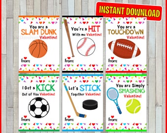 Kids Valentine cards. Sports Valentines Day. Boys girls. Instant download Pdf printable DIY print Football baseball basketball soccer tennis