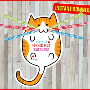 Może przedstawiać: Biało-pomarańczowa kartka walentynkowa w kształcie kota z napisem "You're the PURRRR-FECT Valentine!" i trzema cukierkami Pixy Stix. Karta ma czerwone serce i słowa "From:" na dole. Czerwony baner mówi "INSTANT DOWNLOAD".