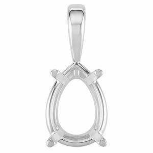 May include: A polished silver pendant setting, designed to hold a pear-shaped gemstone. The setting has a loop for a chain and four prongs to secure the stone. The metal has a bright, reflective finish.