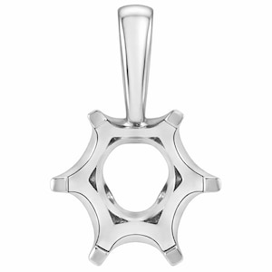 May include: A polished silver pendant setting with a central circular opening and six pronged arms. The pendant has a loop at the top for a chain. The design is symmetrical and modern, suitable for jewelry making.