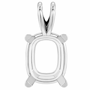 May include: A polished silver-toned metal pendant setting featuring a rectangular frame with rounded corners, four prongs for securing a gemstone, and a large, tapered bail at the top for attaching to a chain or necklace cord.