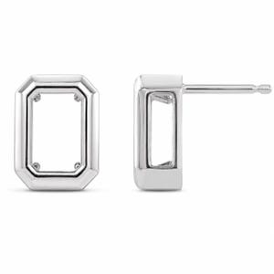 May include: A pair of silver-toned metal earring settings featuring a rectangular frame design. Each setting has a smooth, polished finish with four small prongs inside the rectangular opening to hold a stone, and a standard post back closure.