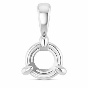 May include: A polished silver pendant setting with a loop at the top and a circular design. The setting features three teardrop-shaped prongs around the center, designed to hold a gemstone. The pendant is made of a shiny, reflective metal.