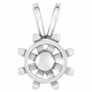 May include: A polished silver-toned metal pendant shaped like a ship's steering wheel. The circular design features a central solid disc connected by eight spokes to an outer ring, with a dual-loop bail at the top for attachment to a chain.