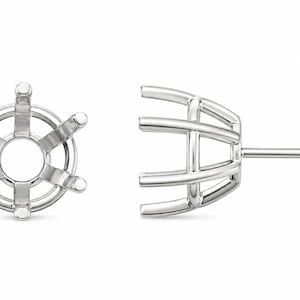 May include: A silver-toned metal earring setting featuring a six-prong basket design. The setting includes a circular base with six vertical prongs extending upward to hold a gemstone, and a straight post extending from the side for attachment.