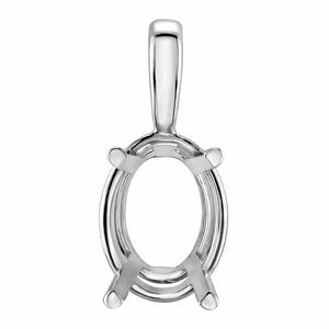 May include: A silver pendant setting with an oval shape, designed to hold a gemstone. The setting has a loop at the top for a chain and four prongs to secure the stone. The metal has a polished, reflective finish.